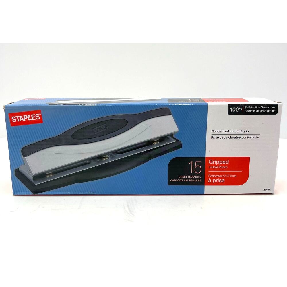 Staples 3-Hole Punch Rubberized Comfort Grip 15 Sheet Capacity NEW